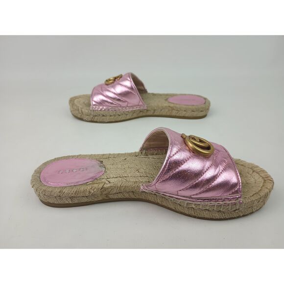 Gucci Marmont Metallic Pink Rosa Flat Slide Espadrille Quilted Matelassé Size 37 - Picture 4 of 8